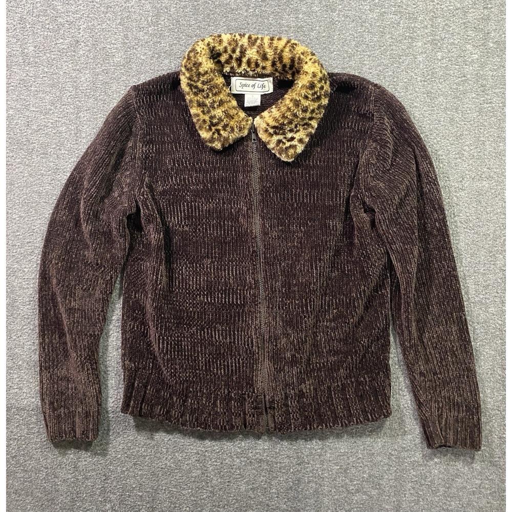 Spice Of Life Brown Chenille Coat Leopard Faux Fur Collar Zip Up Small